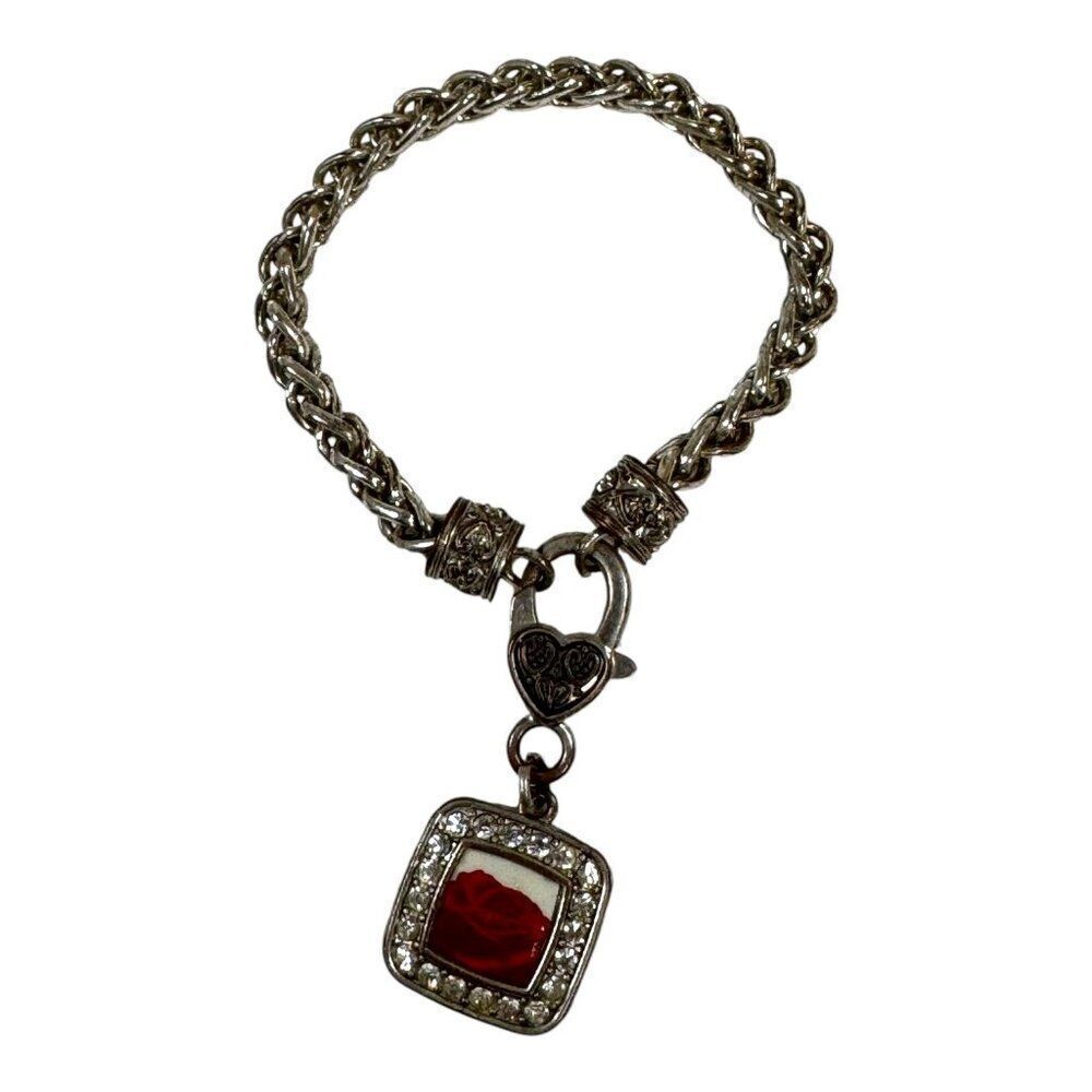 Vintage Silver Tone Bracelet With Heart Clasp & Rose Rhinestone Charm - 7"